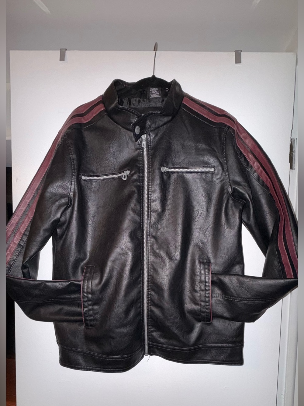 Men's Black Leather Bomber Jacket with Burgundy Stripe Accents